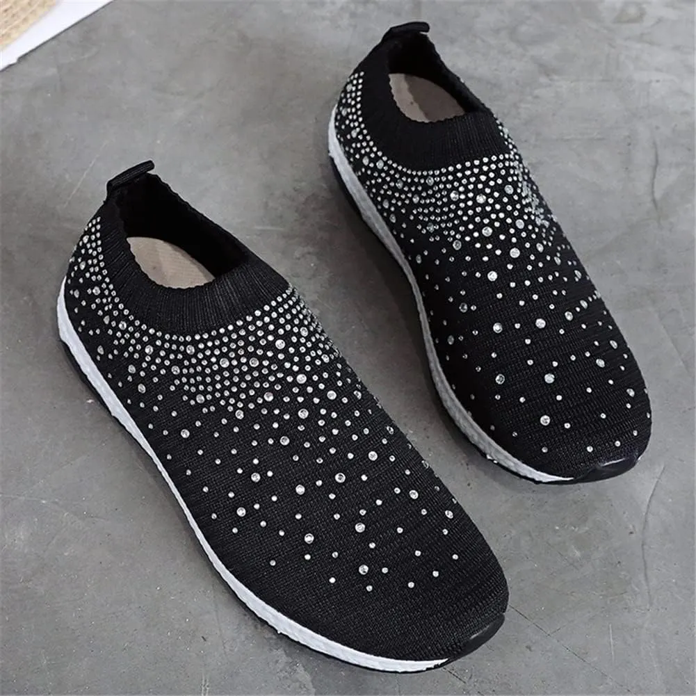 LLTMALL Women's Slip on Sock Sneakers Glitter Rhinestone Latin Jazz Folk Dance Easy Shoes