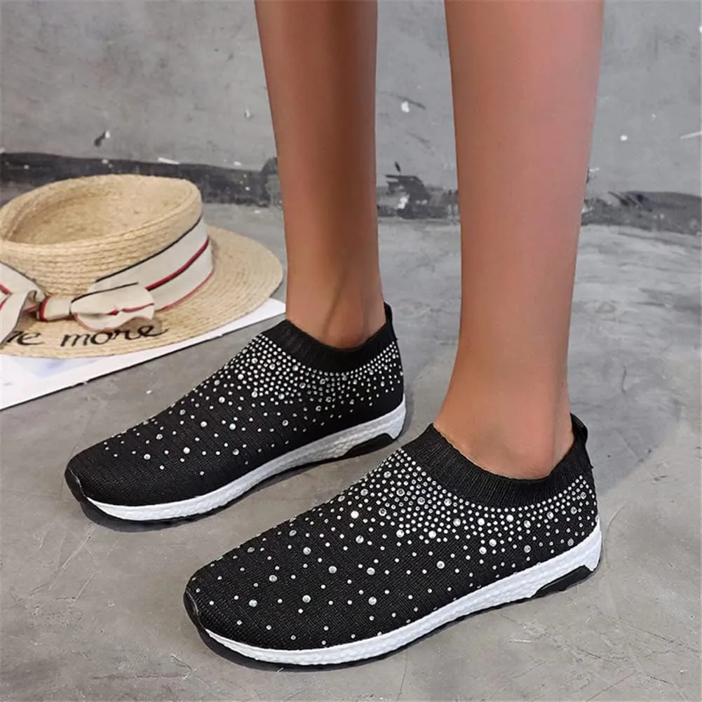LLTMALL Women's Slip on Sock Sneakers Glitter Rhinestone Latin Jazz Folk Dance Easy Shoes