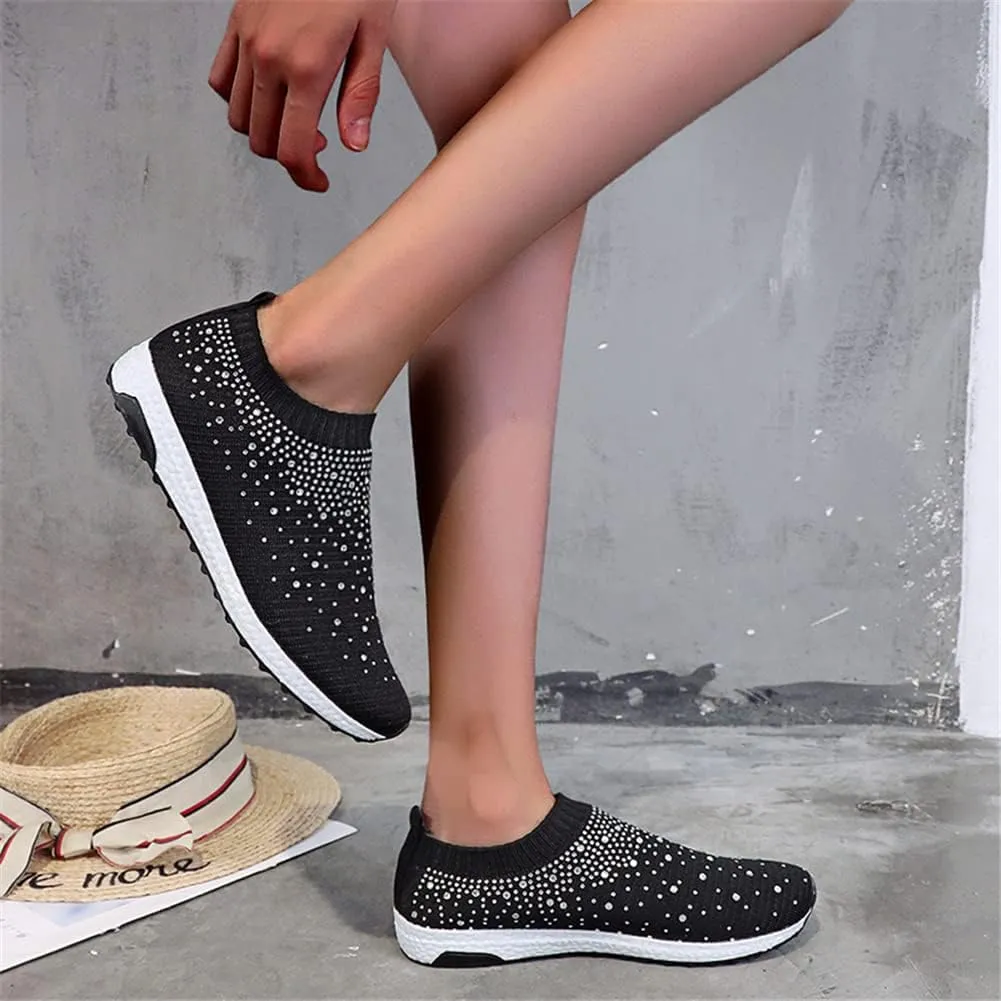 LLTMALL Women's Slip on Sock Sneakers Glitter Rhinestone Latin Jazz Folk Dance Easy Shoes