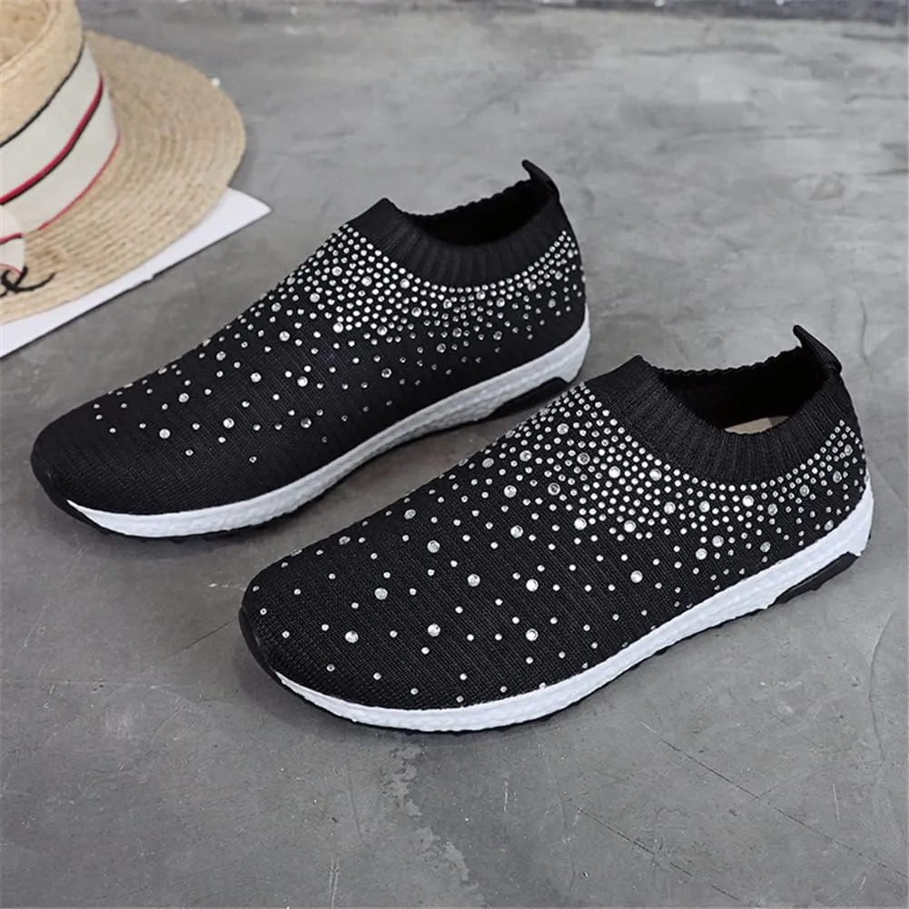 LLTMALL Women's Slip on Sock Sneakers Glitter Rhinestone Latin Jazz Folk Dance Easy Shoes