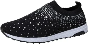 LLTMALL Women's Slip on Sock Sneakers Glitter Rhinestone Latin Jazz Folk Dance Easy Shoes