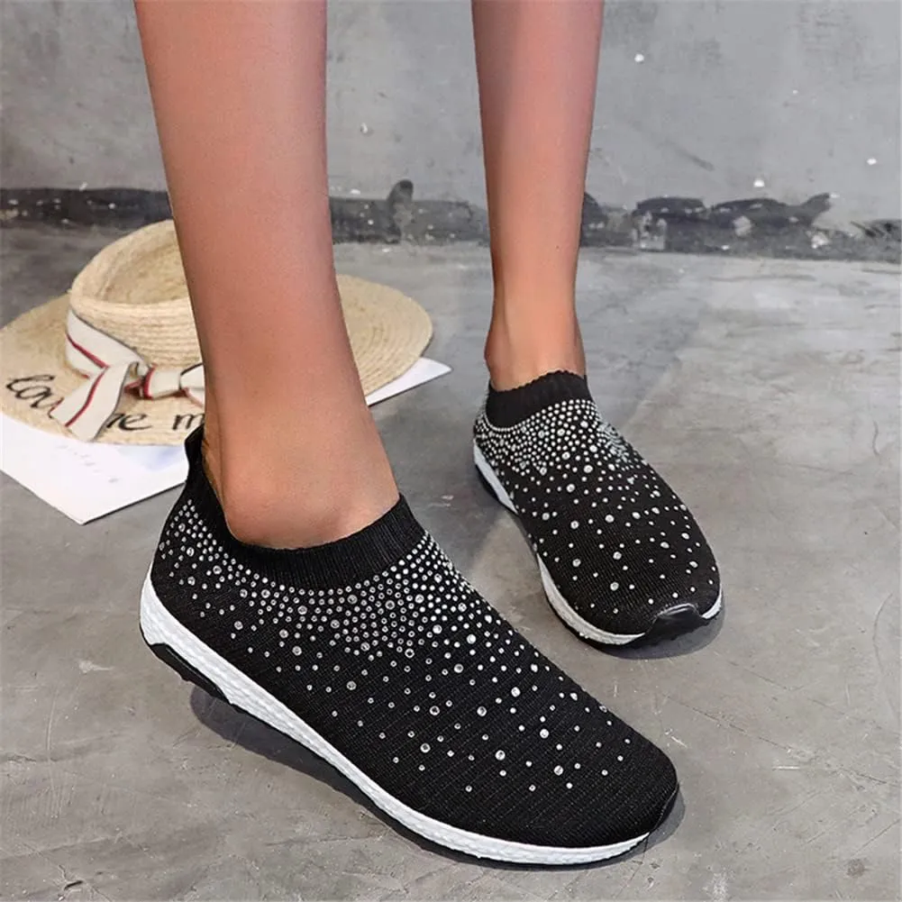 LLTMALL Women's Slip on Sock Sneakers Glitter Rhinestone Latin Jazz Folk Dance Easy Shoes