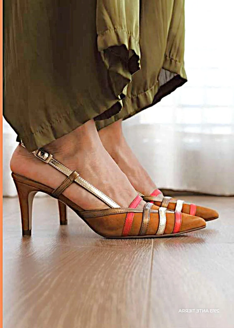 Marian 2913 Tan Suede & Multi Color Metallic Leather Mid Heels