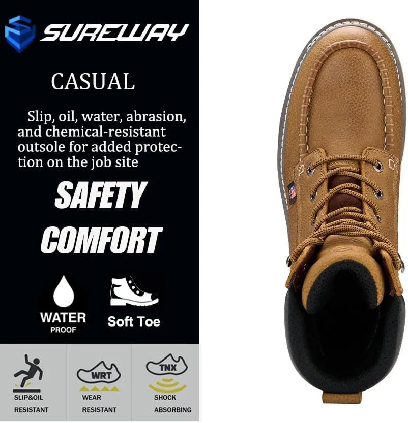 Men 8" Soft Toe Waterproof Work Boots,EH Construction Industrial Safety Leather, Lace Up Moc Toe Work Boot, Goodyear Welt Oil/Slip Resistant Comfortable Outsole, zapatos de trabajo para hombre