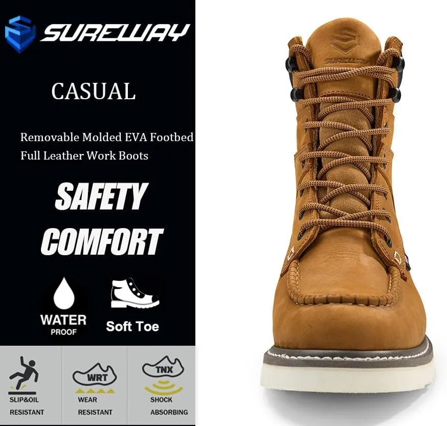 Men 8" Soft Toe Waterproof Work Boots,EH Construction Industrial Safety Leather, Lace Up Moc Toe Work Boot, Goodyear Welt Oil/Slip Resistant Comfortable Outsole, zapatos de trabajo para hombre