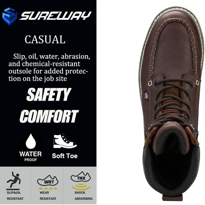 Men 8" Soft Toe Waterproof Work Boots,EH Construction Industrial Safety Leather, Lace Up Moc Toe Work Boot, Goodyear Welt Oil/Slip Resistant Comfortable Outsole, zapatos de trabajo para hombre