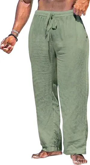 Men's Loose Fit Straight Leg Summer Pants Drawstring Cotton Linen Solid Trousers Casual Comfort Beach Sweatpants