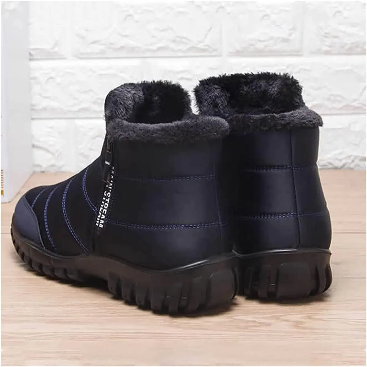 Men's Waterproof Warm Cotton Zipper Snow Ankle Boots, Winter Warm Slip on Thick Plush Booties Waterproof Snow Boots