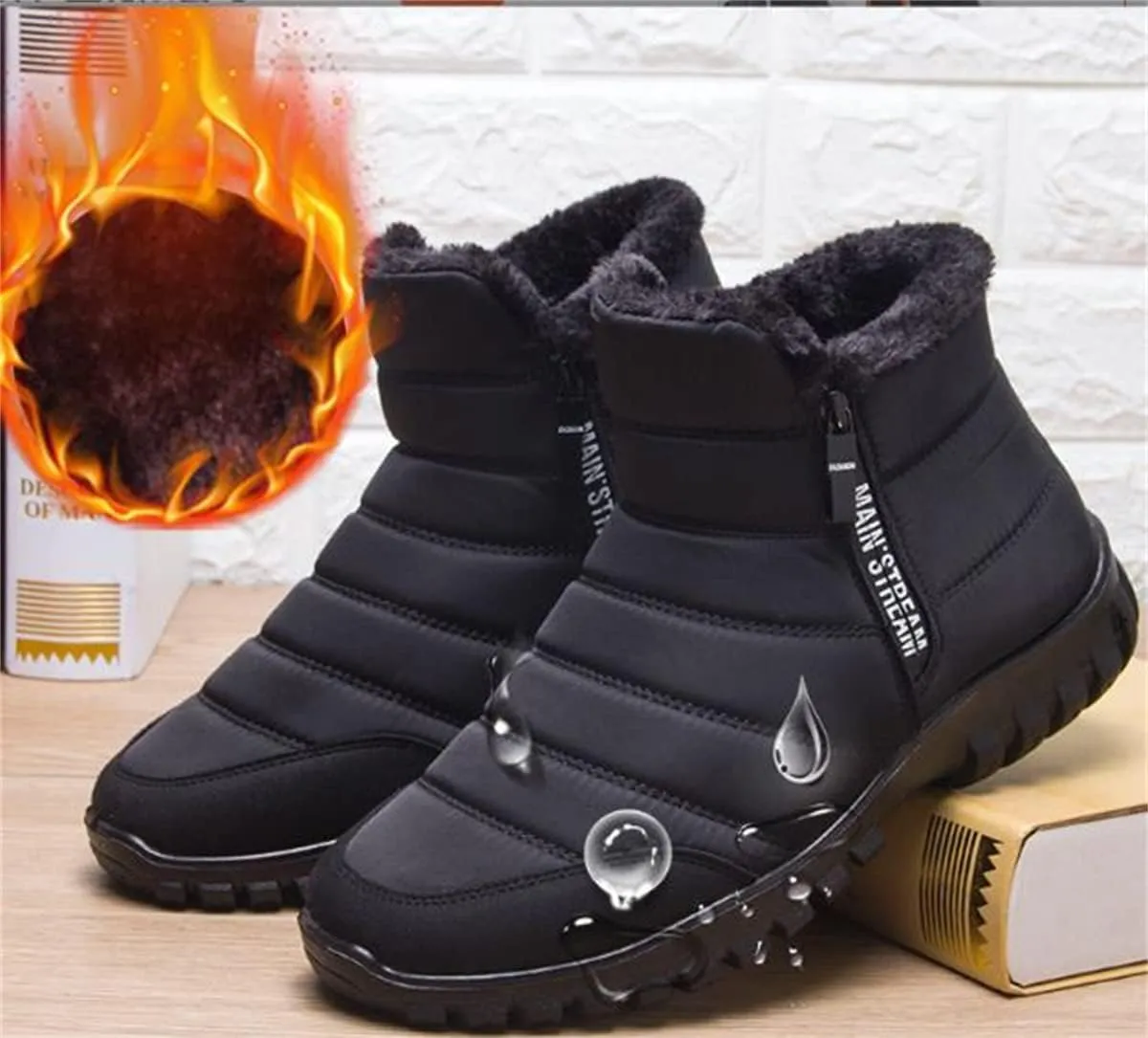 Men's Waterproof Warm Cotton Zipper Snow Ankle Boots, Winter Warm Slip on Thick Plush Booties Waterproof Snow Boots