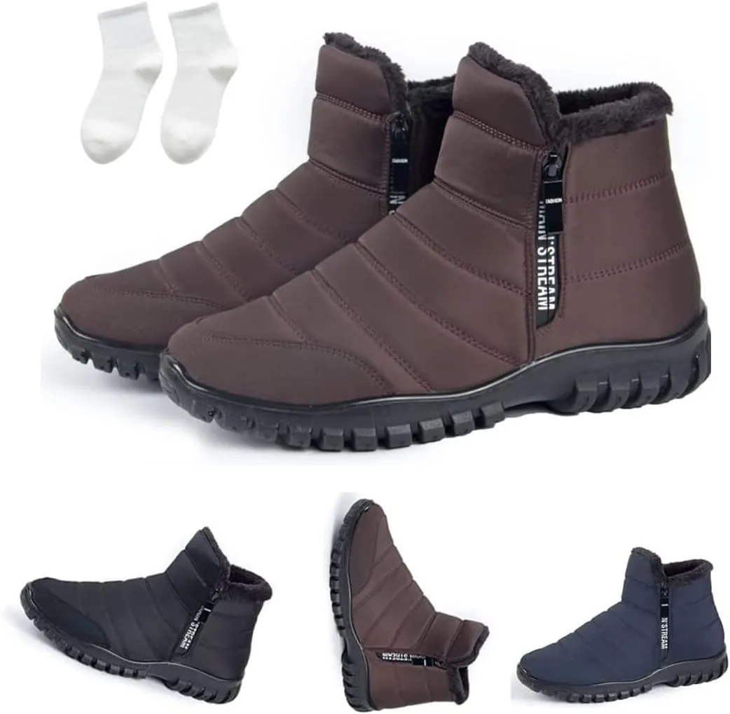 Men's Waterproof Warm Cotton Zipper Snow Ankle Boots, Winter Warm Slip on Thick Plush Booties Waterproof Snow Boots