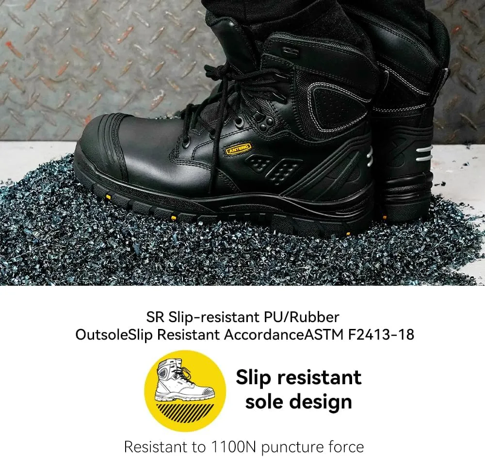 Men's Work Boots, Oiled Nubuck Leather Steel Toes Mens Work Shoes, Non Slip Lace Up Protective Shoes, 8 Inch, Anti-Static, Anti-Puncturing, Anti-Fatigue (AT505, Brown)