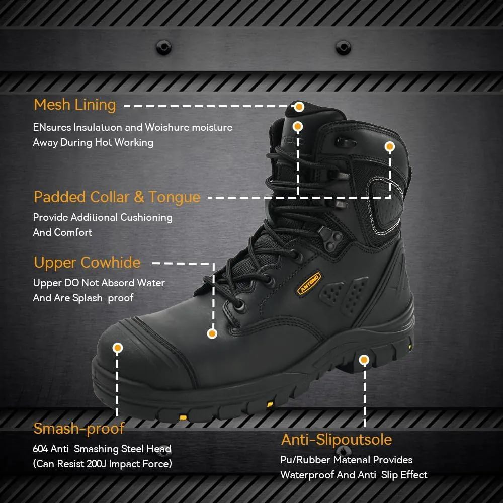 Men's Work Boots, Oiled Nubuck Leather Steel Toes Mens Work Shoes, Non Slip Lace Up Protective Shoes, 8 Inch, Anti-Static, Anti-Puncturing, Anti-Fatigue (AT505, Brown)