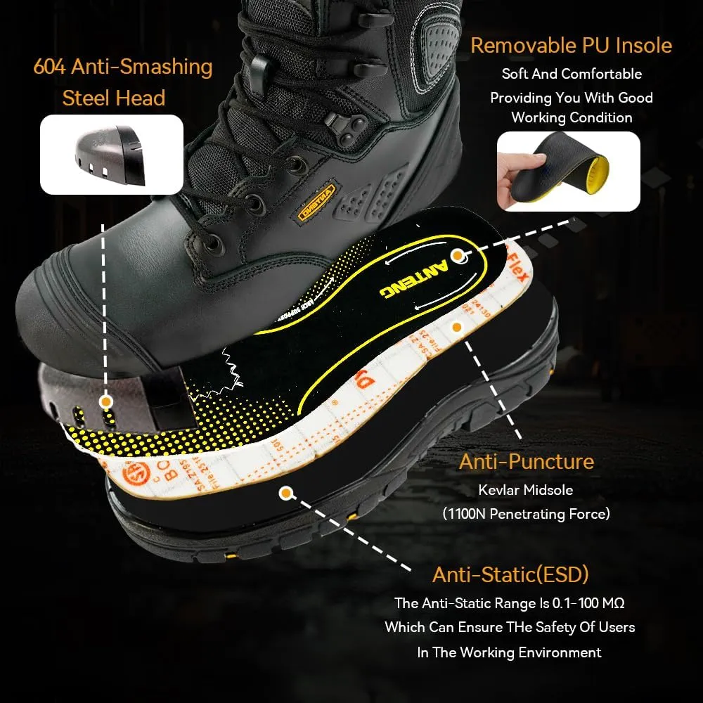 Men's Work Boots, Oiled Nubuck Leather Steel Toes Mens Work Shoes, Non Slip Lace Up Protective Shoes, 8 Inch, Anti-Static, Anti-Puncturing, Anti-Fatigue (AT505, Brown)