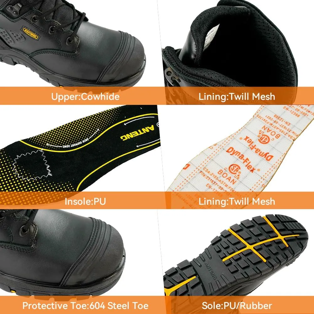 Men's Work Boots, Oiled Nubuck Leather Steel Toes Mens Work Shoes, Non Slip Lace Up Protective Shoes, 8 Inch, Anti-Static, Anti-Puncturing, Anti-Fatigue (AT505, Brown)