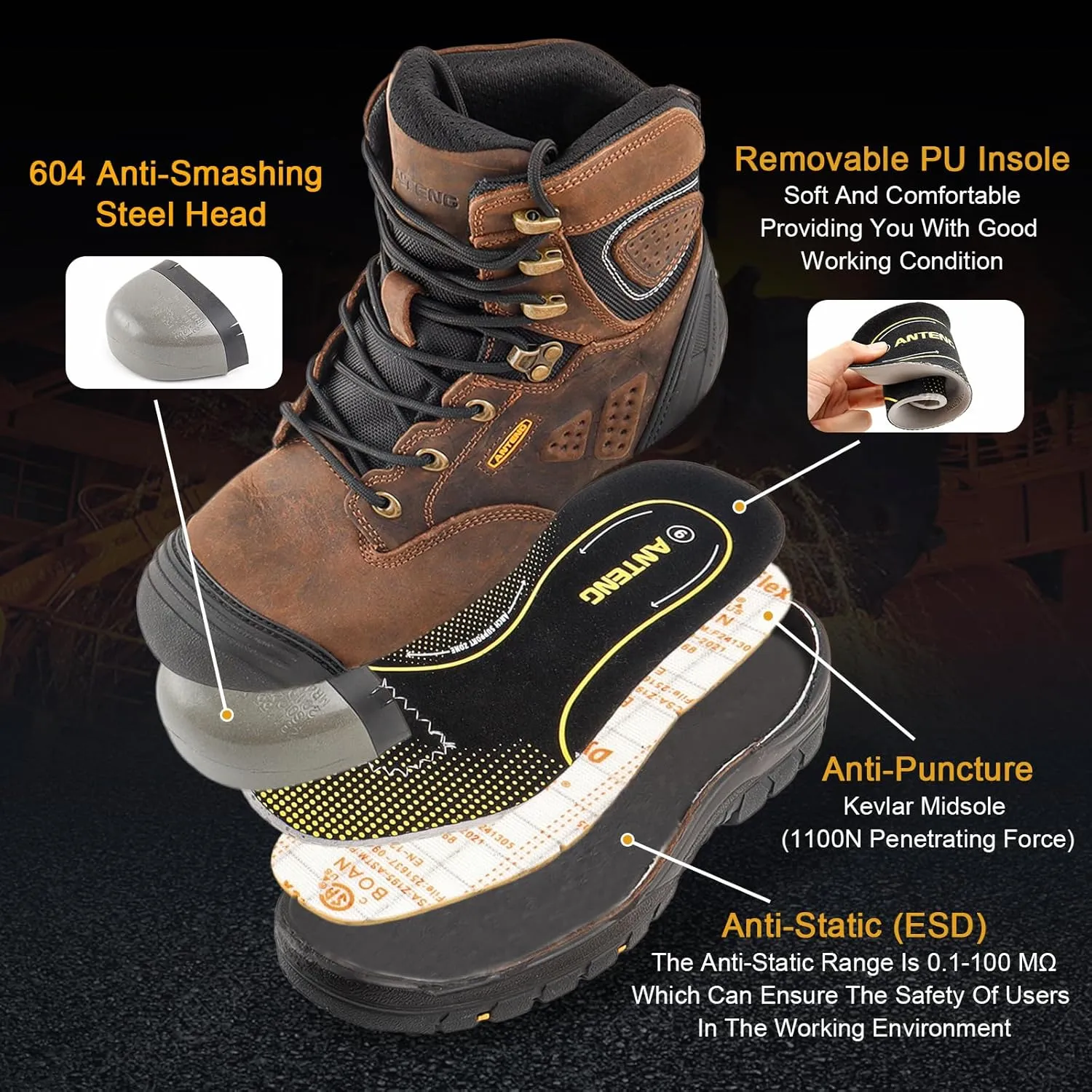Men's Work Boots, Oiled Nubuck Leather Steel Toes Mens Work Shoes, Non Slip Lace Up Protective Shoes, 8 Inch, Anti-Static, Anti-Puncturing, Anti-Fatigue (AT505, Brown)
