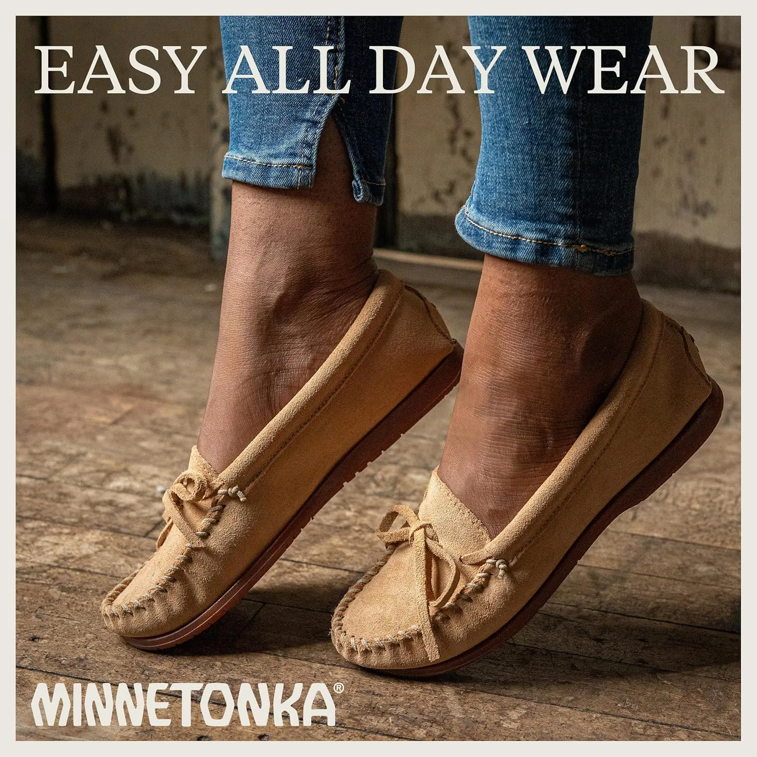 Minnetonka Womens Tie Slip On Moccasins for Women, Classic Leather Loafer Silhouette, Cushioned Footbed