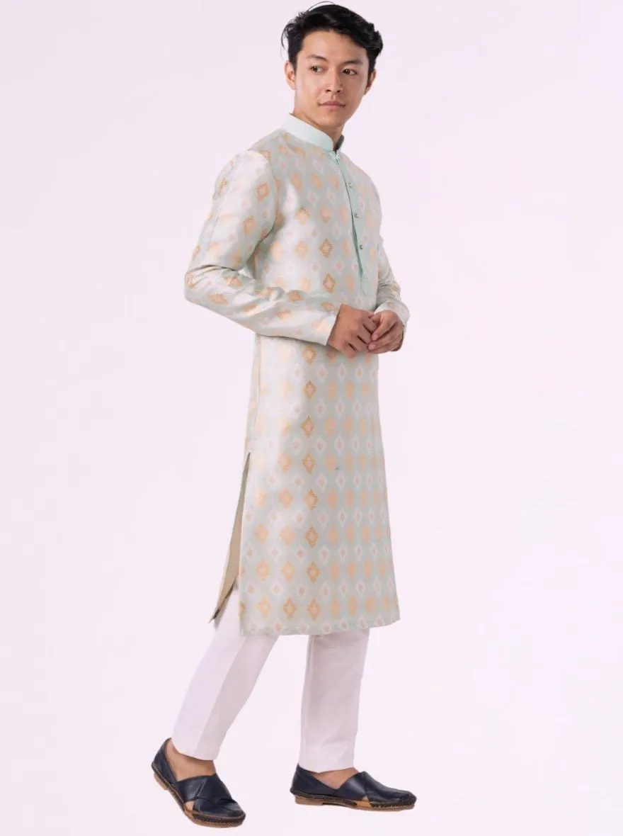 Mint Green Printed Jacquard Kurta | The Kurta Company