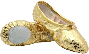 missfiona Womens PU Leather Ballet Slippers Dance Shoes Split Sole Belly Flat Adult Dance Trainers