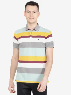 Mist Green Striped Slim Fit Polo T-Shirt | Jadeblue