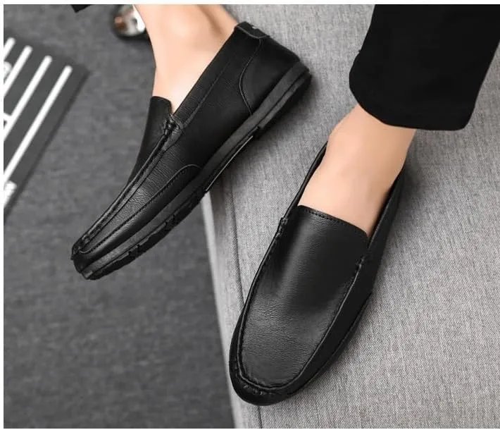 New Men's Loafers Round Toe Vegan Leather Loafer Shoes Flexible Flat Heel Lightweight Walking Prom Slip-ons