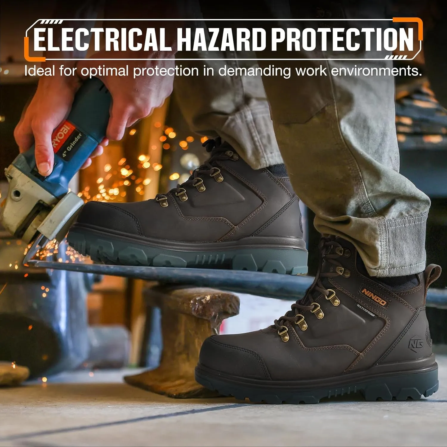NINGO Mens Steel Toe Work Boots, Waterproof Heavy-Duty Safety Boots with Puncture Protection, Oil & Slip Resistant, Round Toe Construction Boots with Breathable Lining, EH Protection, for Industrial