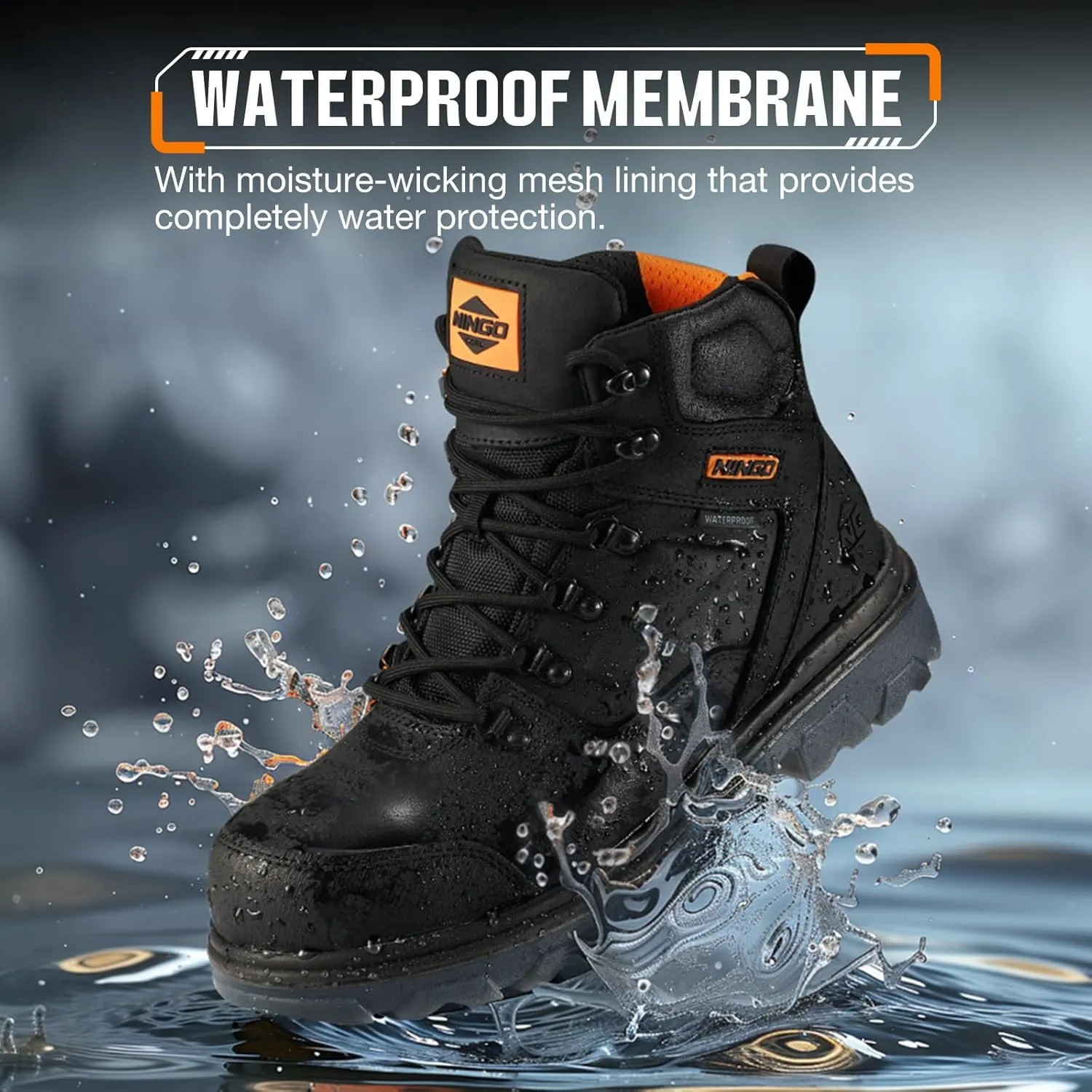 NINGO Mens Steel Toe Work Boots, Waterproof Heavy-Duty Safety Boots with Puncture Protection, Oil & Slip Resistant, Round Toe Construction Boots with Breathable Lining, EH Protection, for Industrial