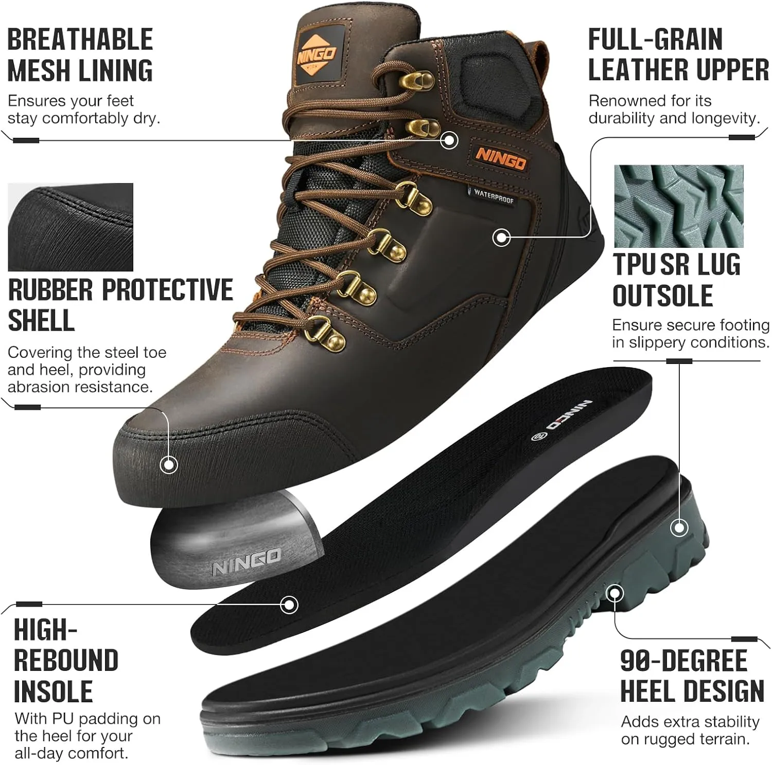 NINGO Mens Steel Toe Work Boots, Waterproof Heavy-Duty Safety Boots with Puncture Protection, Oil & Slip Resistant, Round Toe Construction Boots with Breathable Lining, EH Protection, for Industrial
