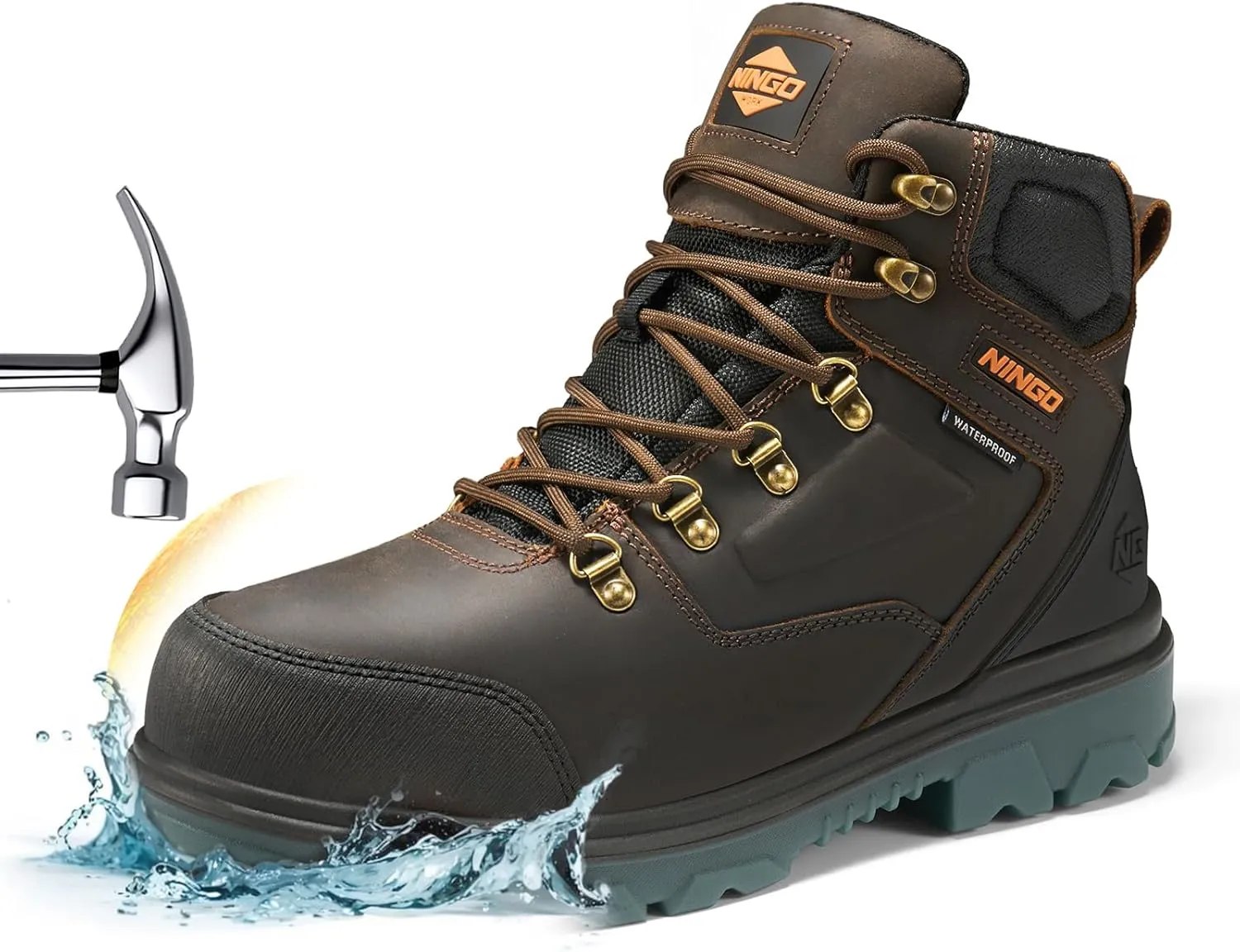 NINGO Mens Steel Toe Work Boots, Waterproof Heavy-Duty Safety Boots with Puncture Protection, Oil & Slip Resistant, Round Toe Construction Boots with Breathable Lining, EH Protection, for Industrial