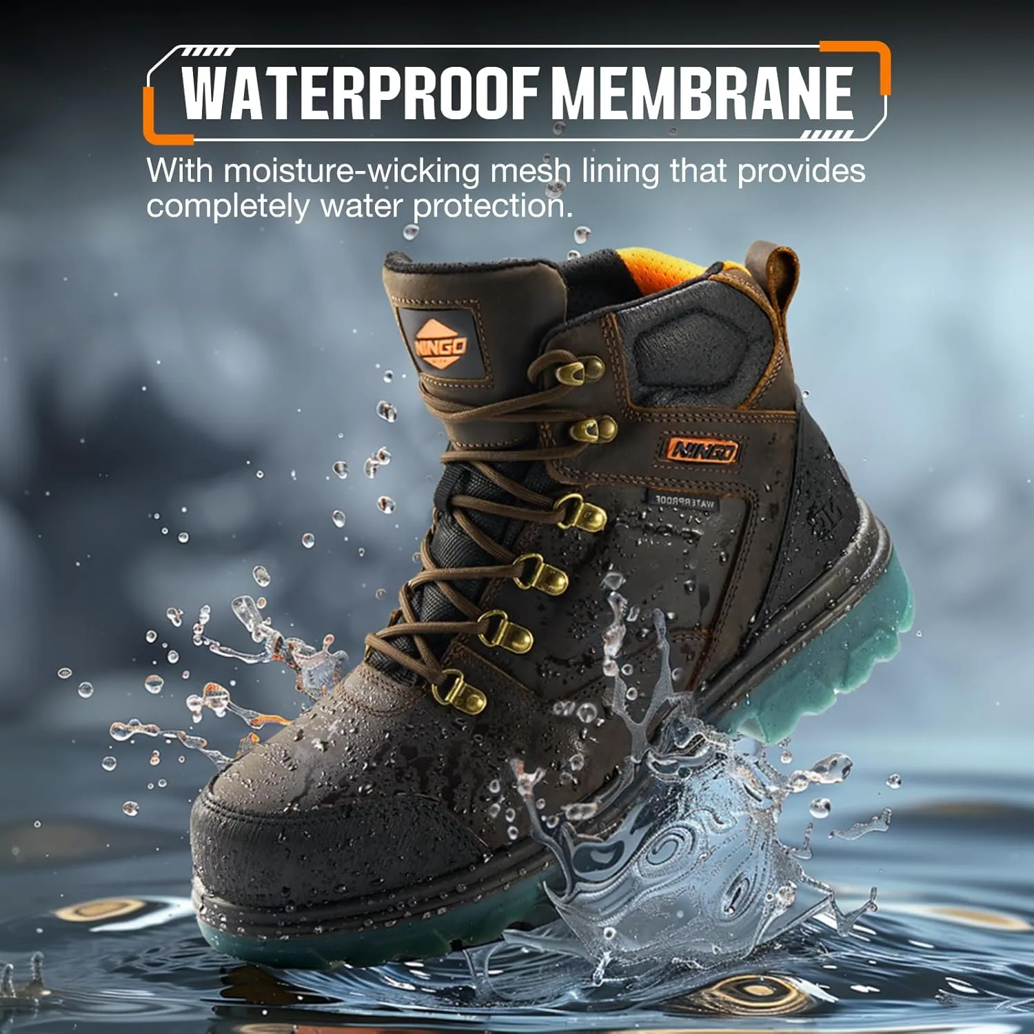 NINGO Mens Steel Toe Work Boots, Waterproof Heavy-Duty Safety Boots with Puncture Protection, Oil & Slip Resistant, Round Toe Construction Boots with Breathable Lining, EH Protection, for Industrial