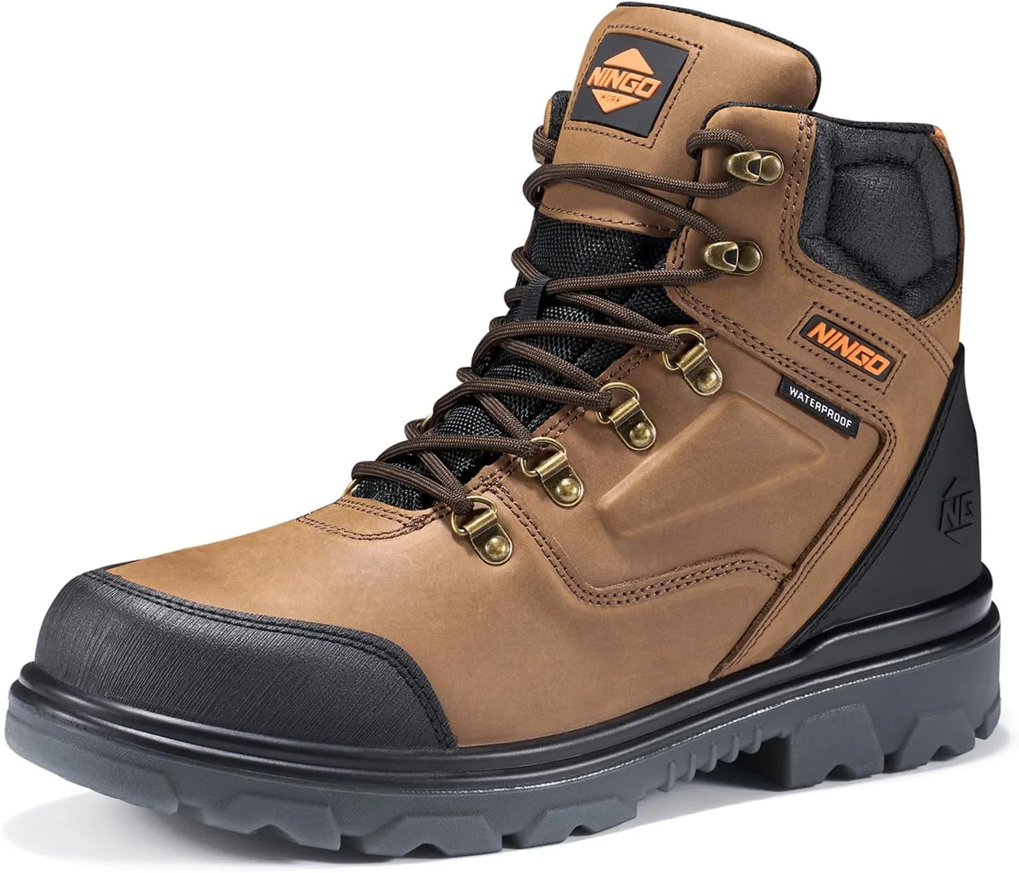 NINGO Mens Steel Toe Work Boots, Waterproof Heavy-Duty Safety Boots with Puncture Protection, Oil & Slip Resistant, Round Toe Construction Boots with Breathable Lining, EH Protection, for Industrial