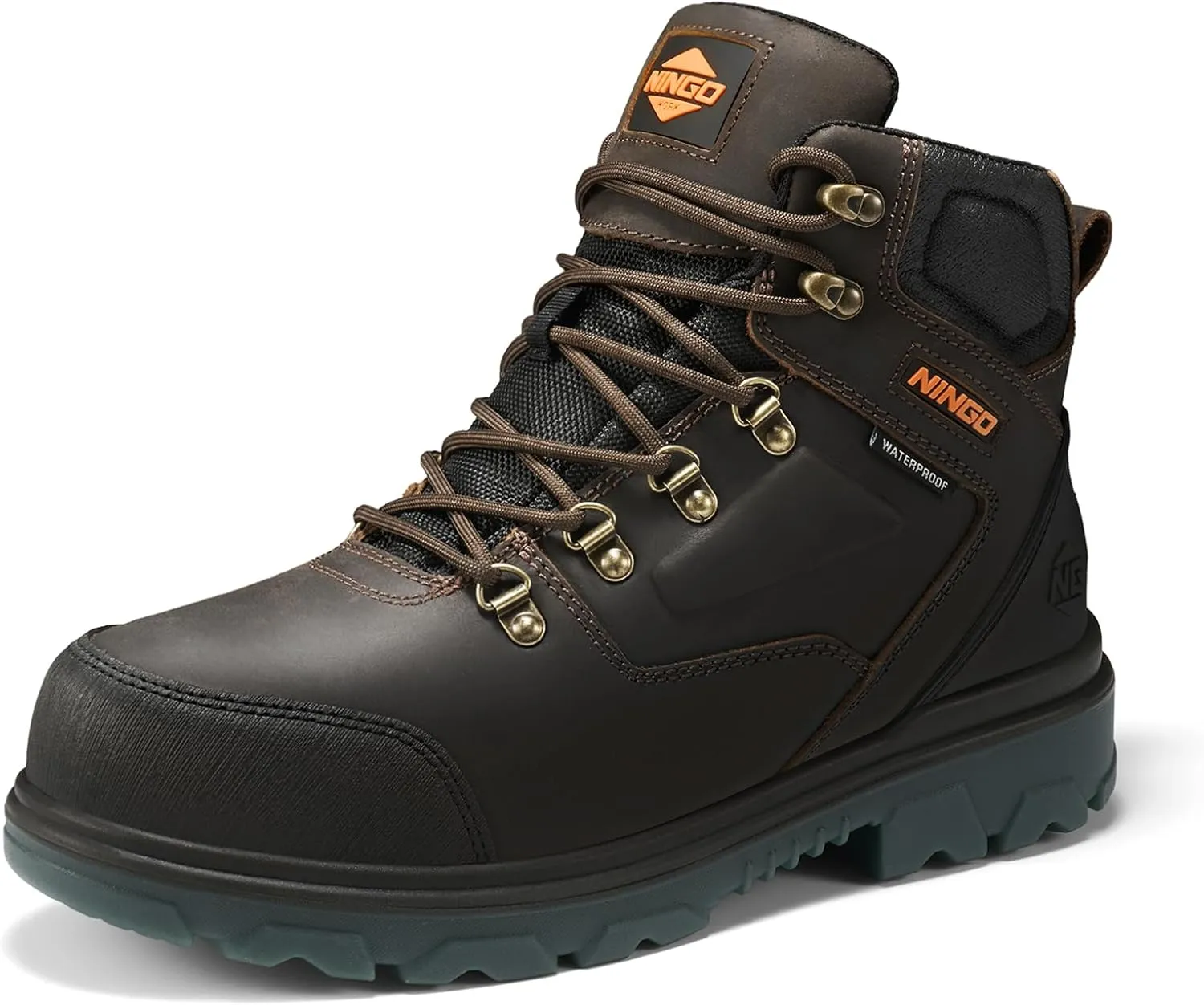 NINGO Mens Steel Toe Work Boots, Waterproof Heavy-Duty Safety Boots with Puncture Protection, Oil & Slip Resistant, Round Toe Construction Boots with Breathable Lining, EH Protection, for Industrial