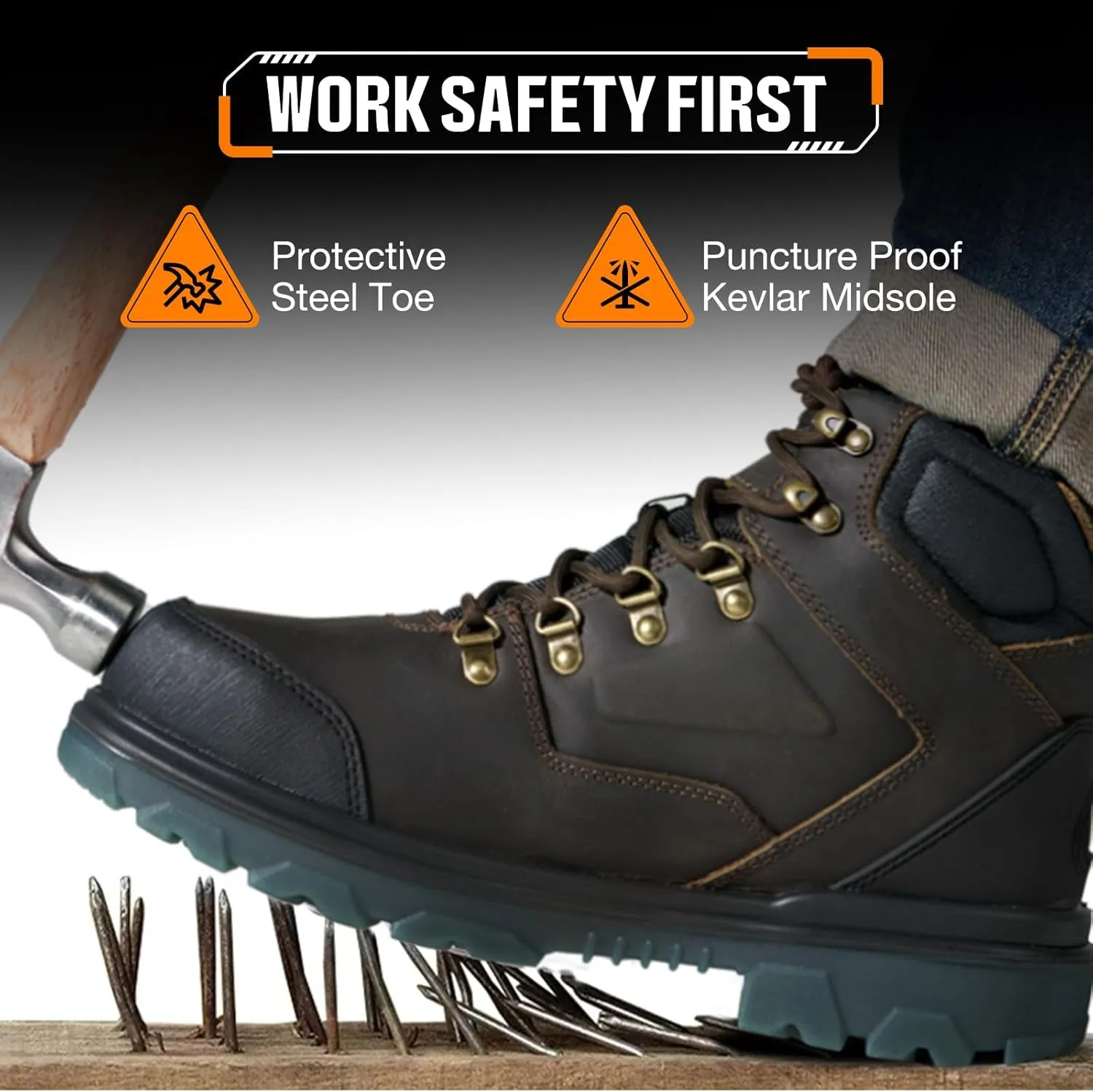 NINGO Mens Steel Toe Work Boots, Waterproof Heavy-Duty Safety Boots with Puncture Protection, Oil & Slip Resistant, Round Toe Construction Boots with Breathable Lining, EH Protection, for Industrial