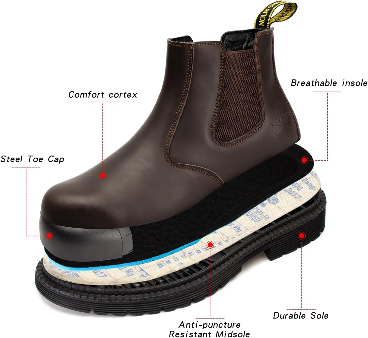 NOLINSHIELD Steel Toe Boots for men,Slip-on Lightweight Working Boots,Safety,Leather,Comfortable,Puncture-Proof,Mechanic Work Boots