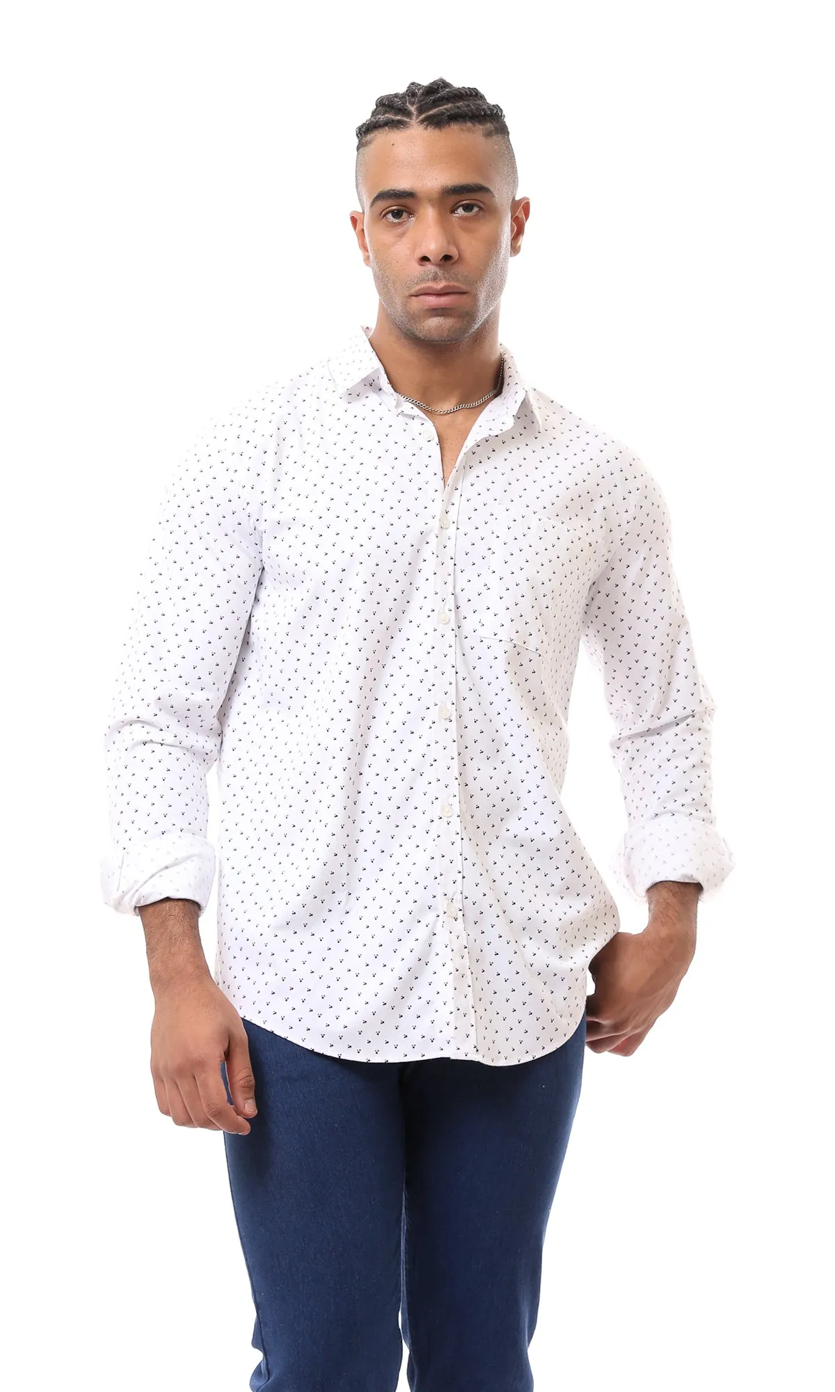 O167933 Patterned Long Sleeves White Casual Shirt