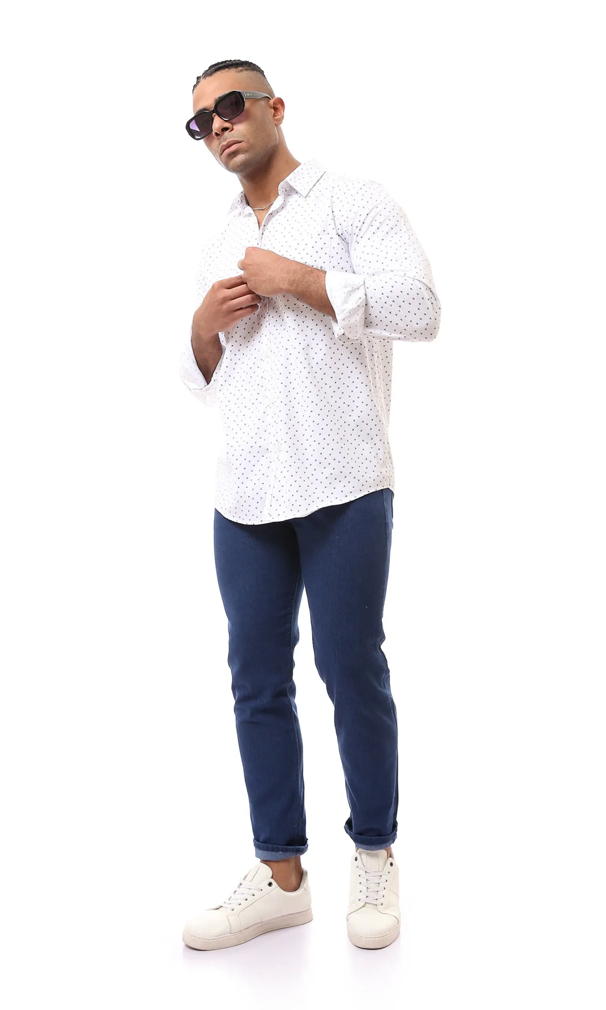 O167933 Patterned Long Sleeves White Casual Shirt