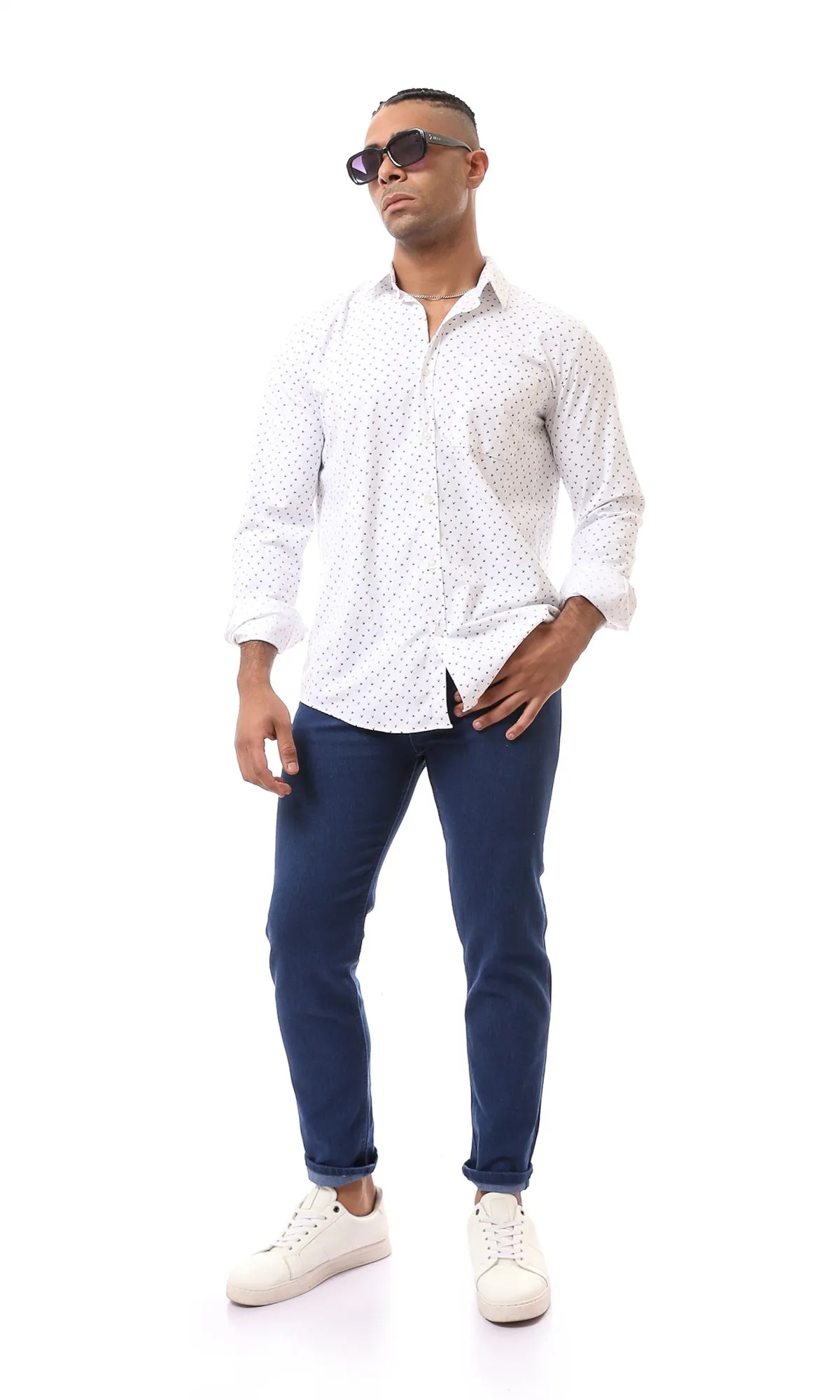 O167933 Patterned Long Sleeves White Casual Shirt