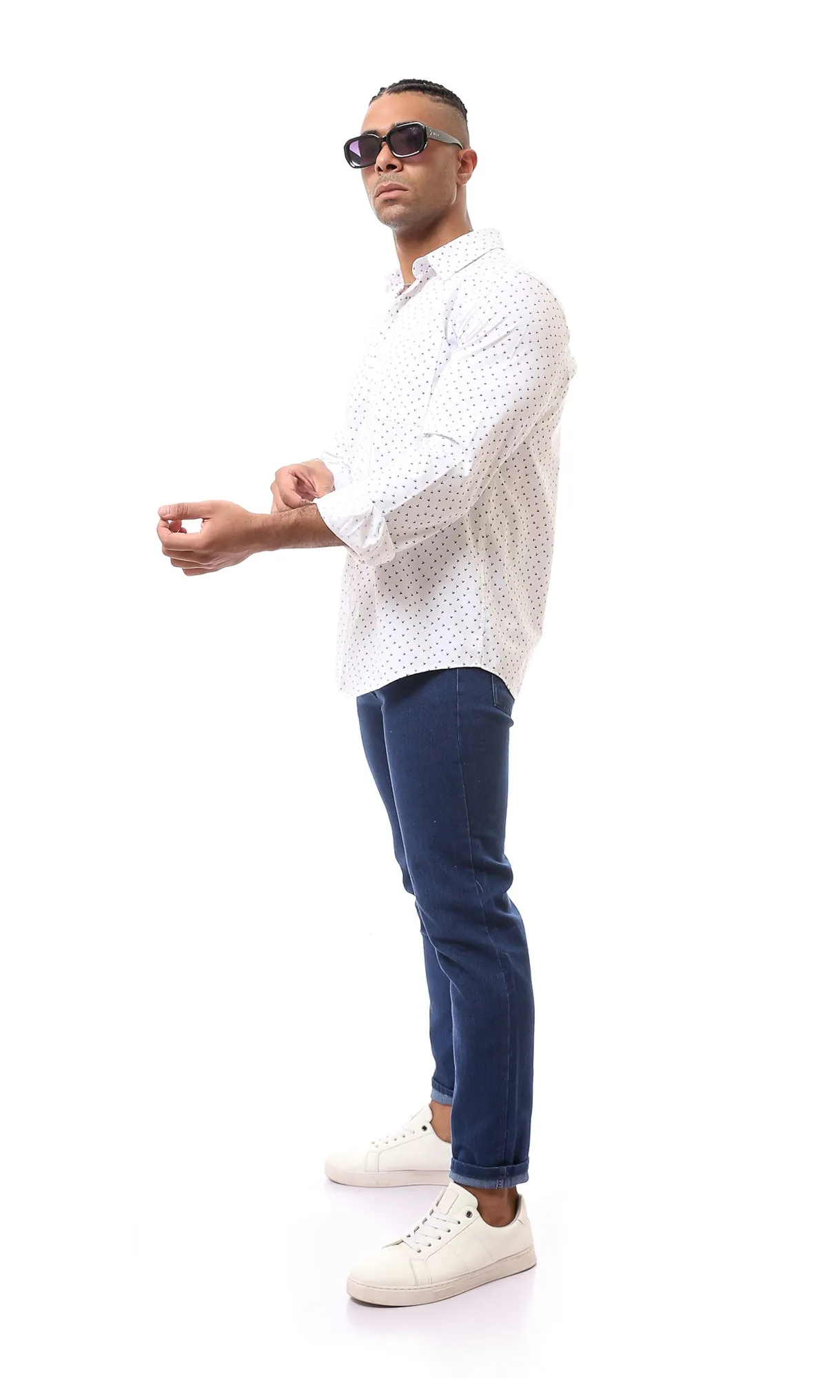 O167933 Patterned Long Sleeves White Casual Shirt