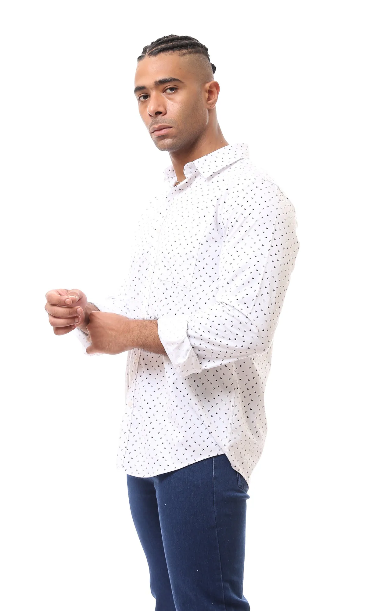 O167933 Patterned Long Sleeves White Casual Shirt