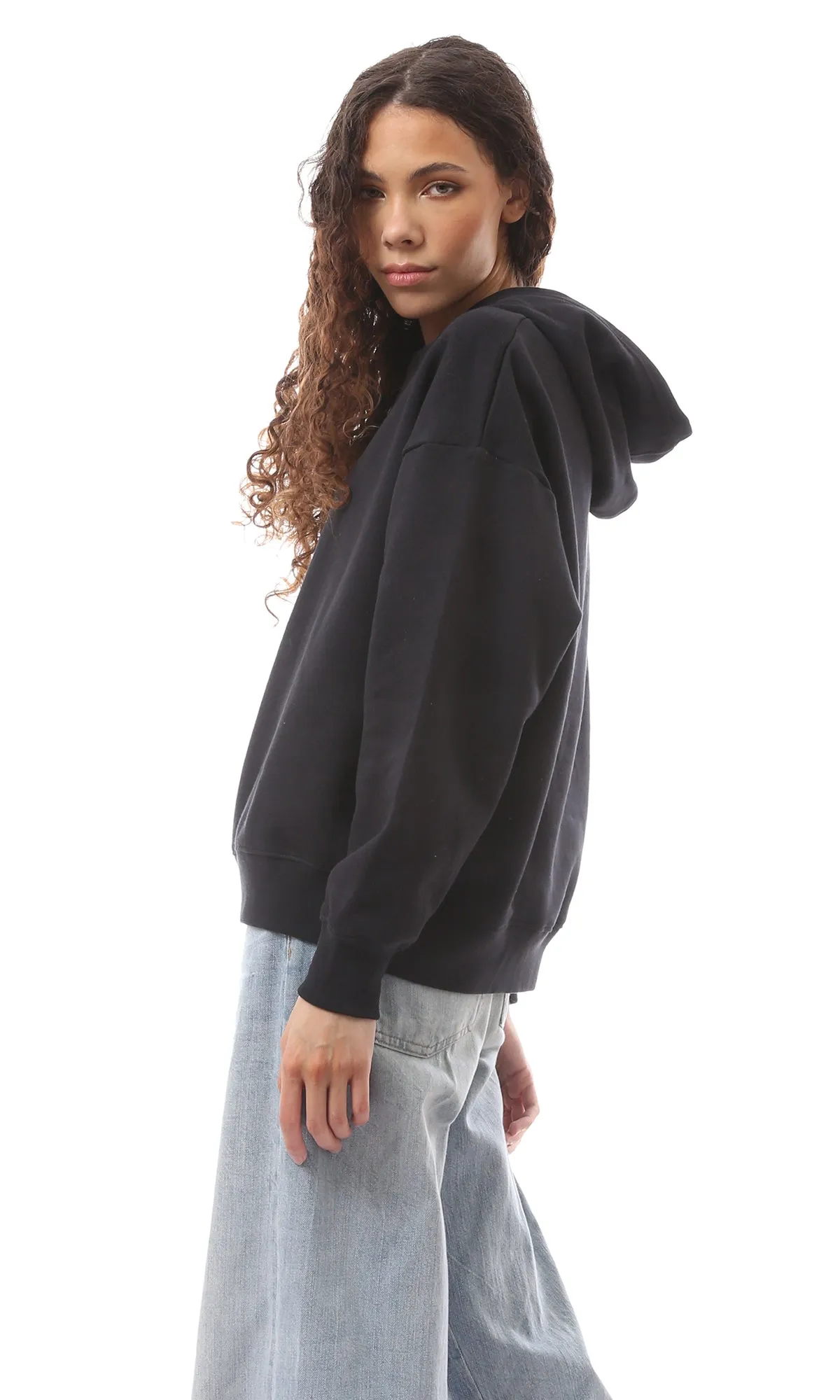 O172202 Cotton Black Slip On Long Sleeve Hoodie