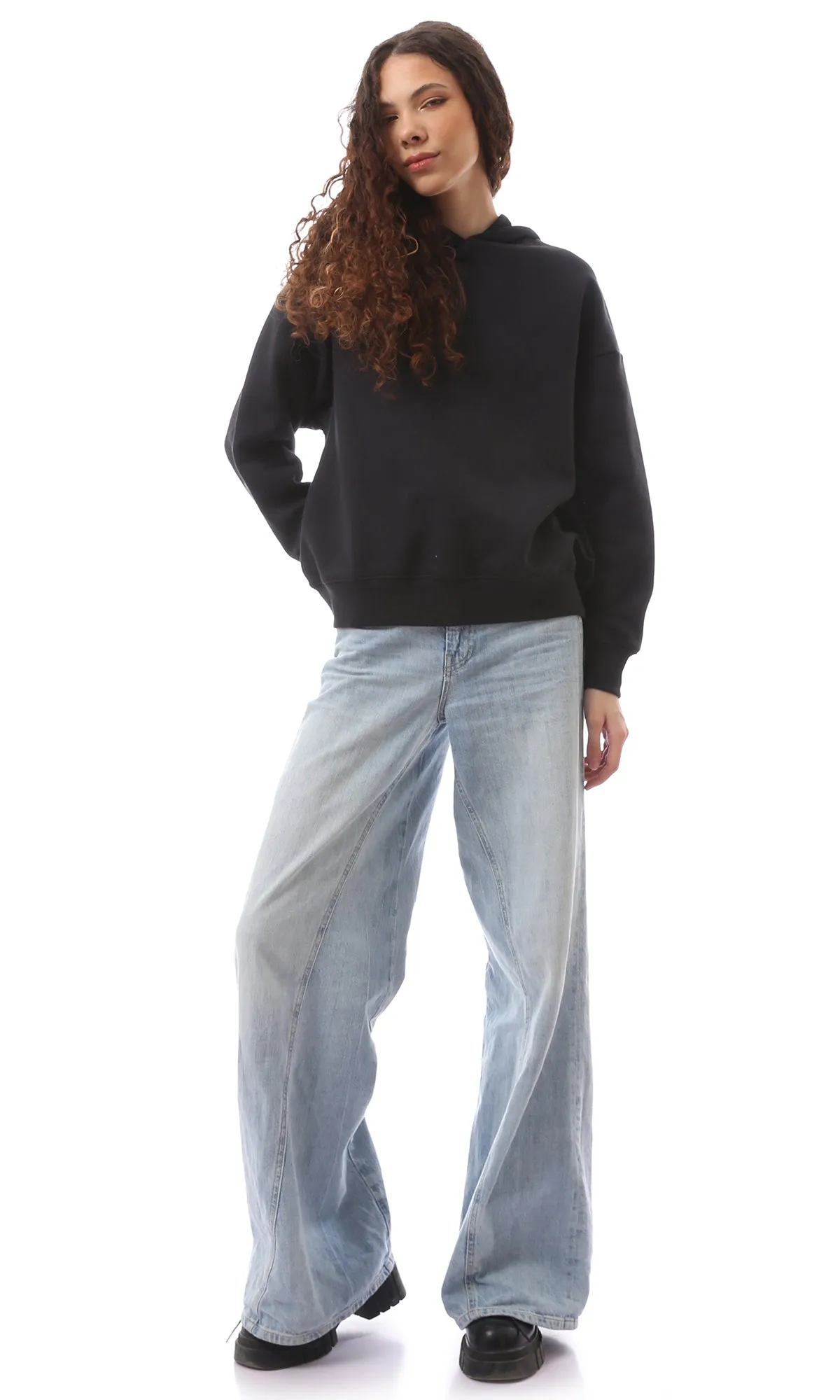 O172202 Cotton Black Slip On Long Sleeve Hoodie