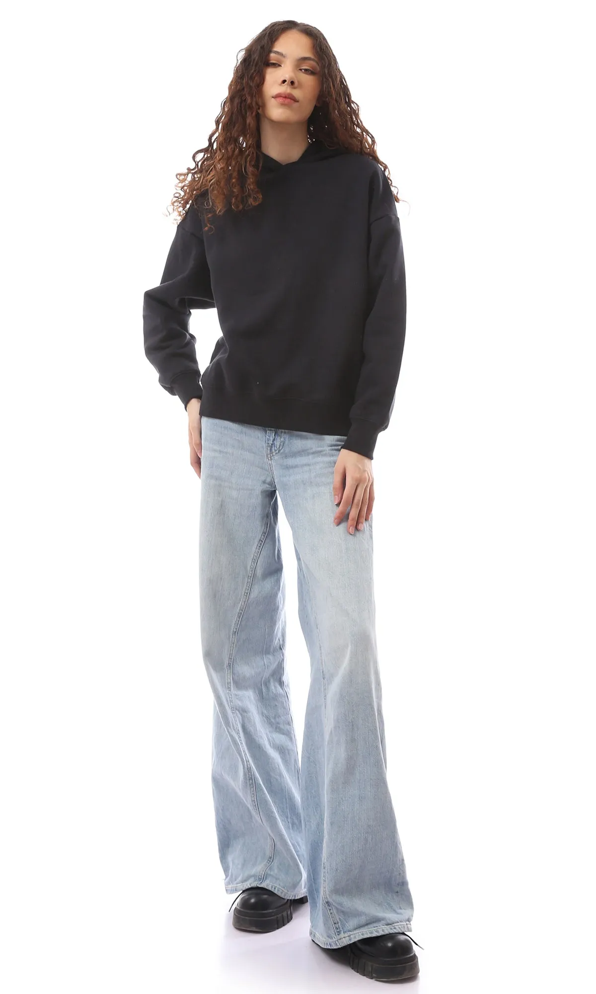 O172202 Cotton Black Slip On Long Sleeve Hoodie