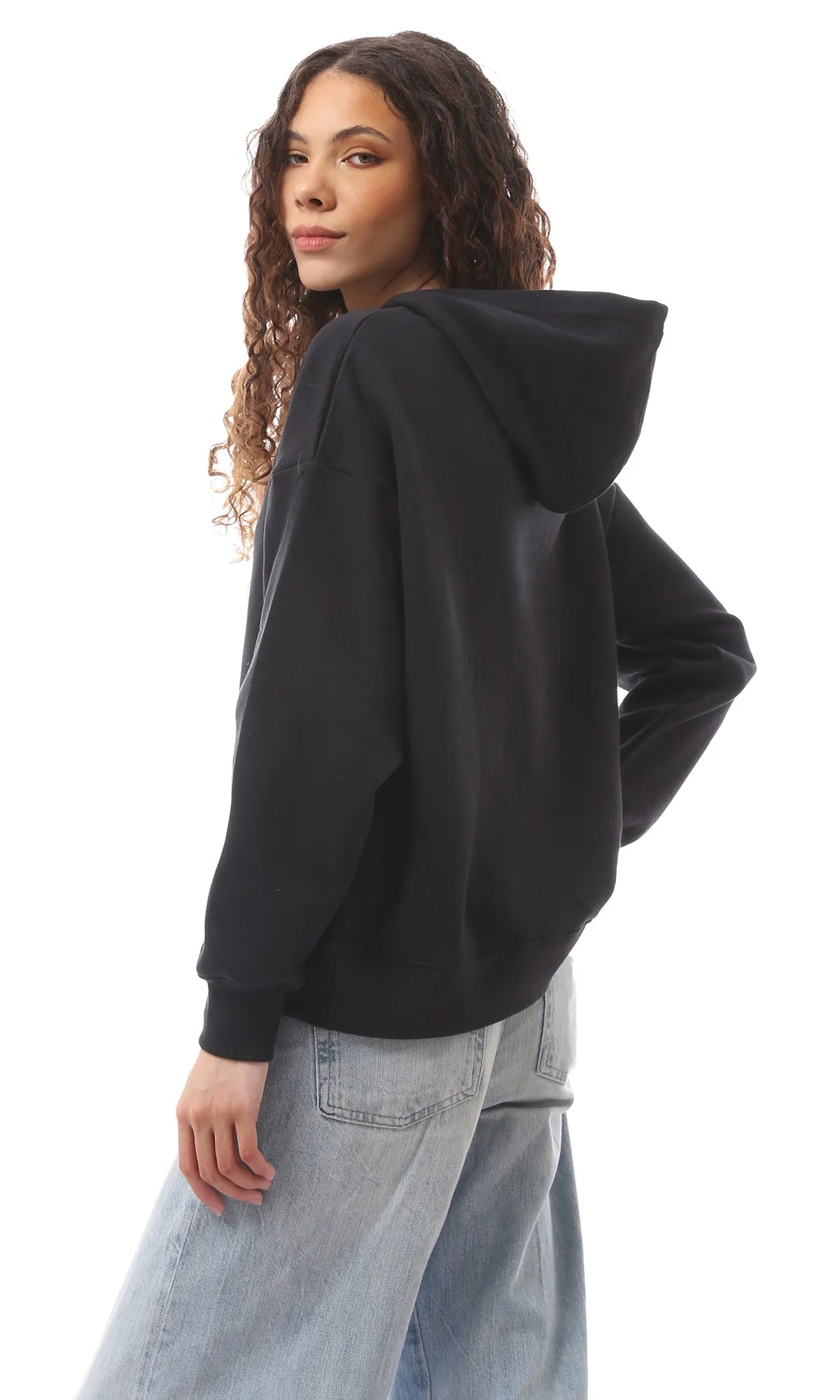 O172202 Cotton Black Slip On Long Sleeve Hoodie
