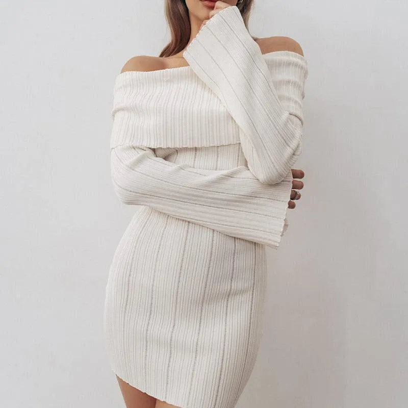 Off-Shoulder Ribbed Knit Long Sleeve Mini Dress - Elegant Slim Fit