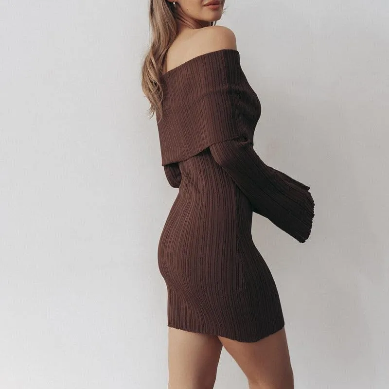 Off-Shoulder Ribbed Knit Long Sleeve Mini Dress - Elegant Slim Fit
