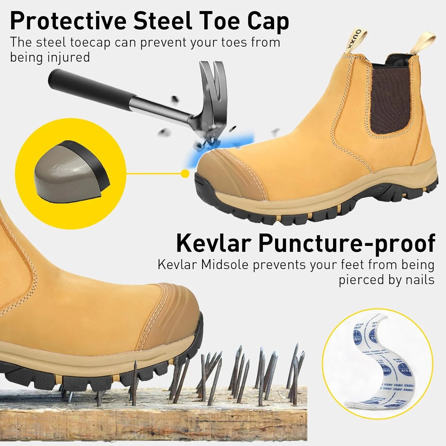 OUXX Steel Toe Chelsea Work Boots for Men  Slip-On Safety Boot, Waterproof Leather, Slip-Resistant Sole, Kevlar Puncture-Proof Midsole, ASTM F2413-18 EH Rated