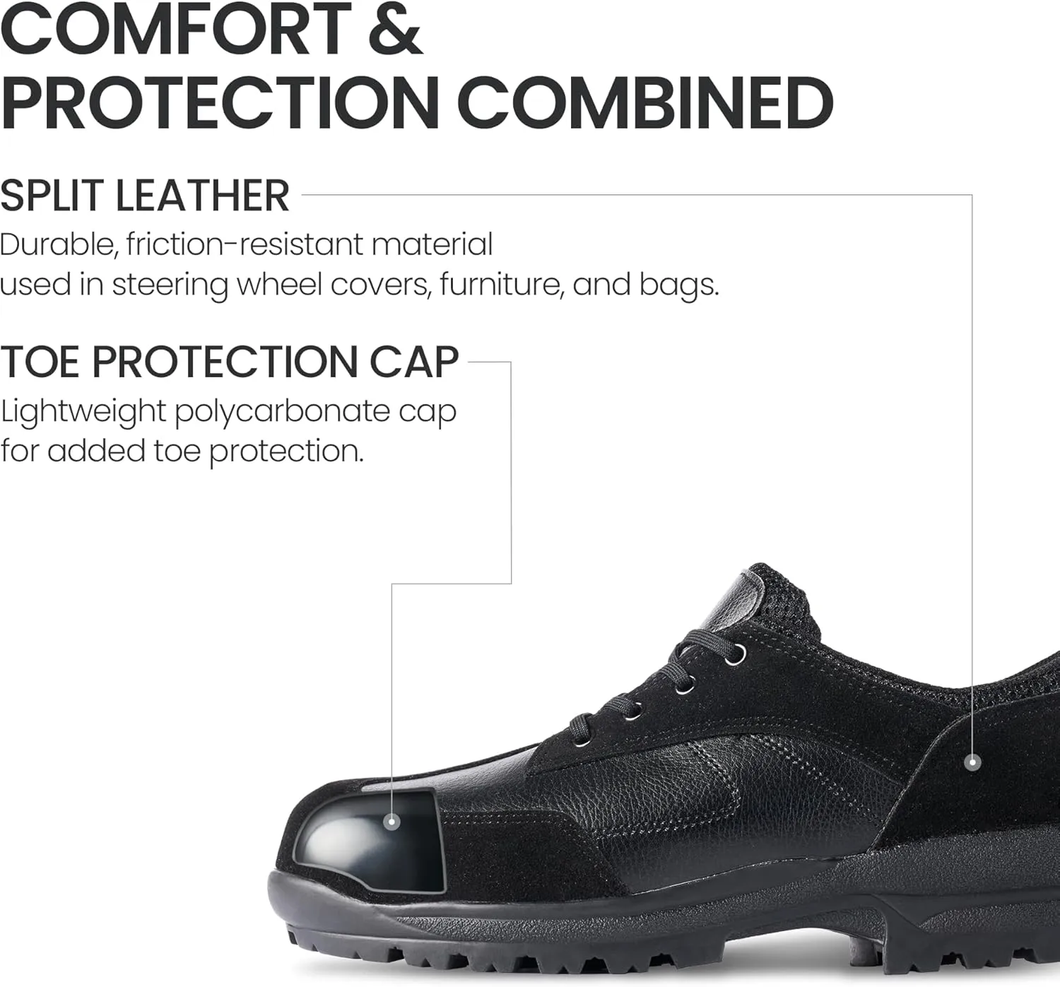 Q-4 Comfortable Safety Shoes  PVC Toe Cap, EU Riot Police Outsole, ESG Recycled Materials, Durable Work & Hiking Shoes
