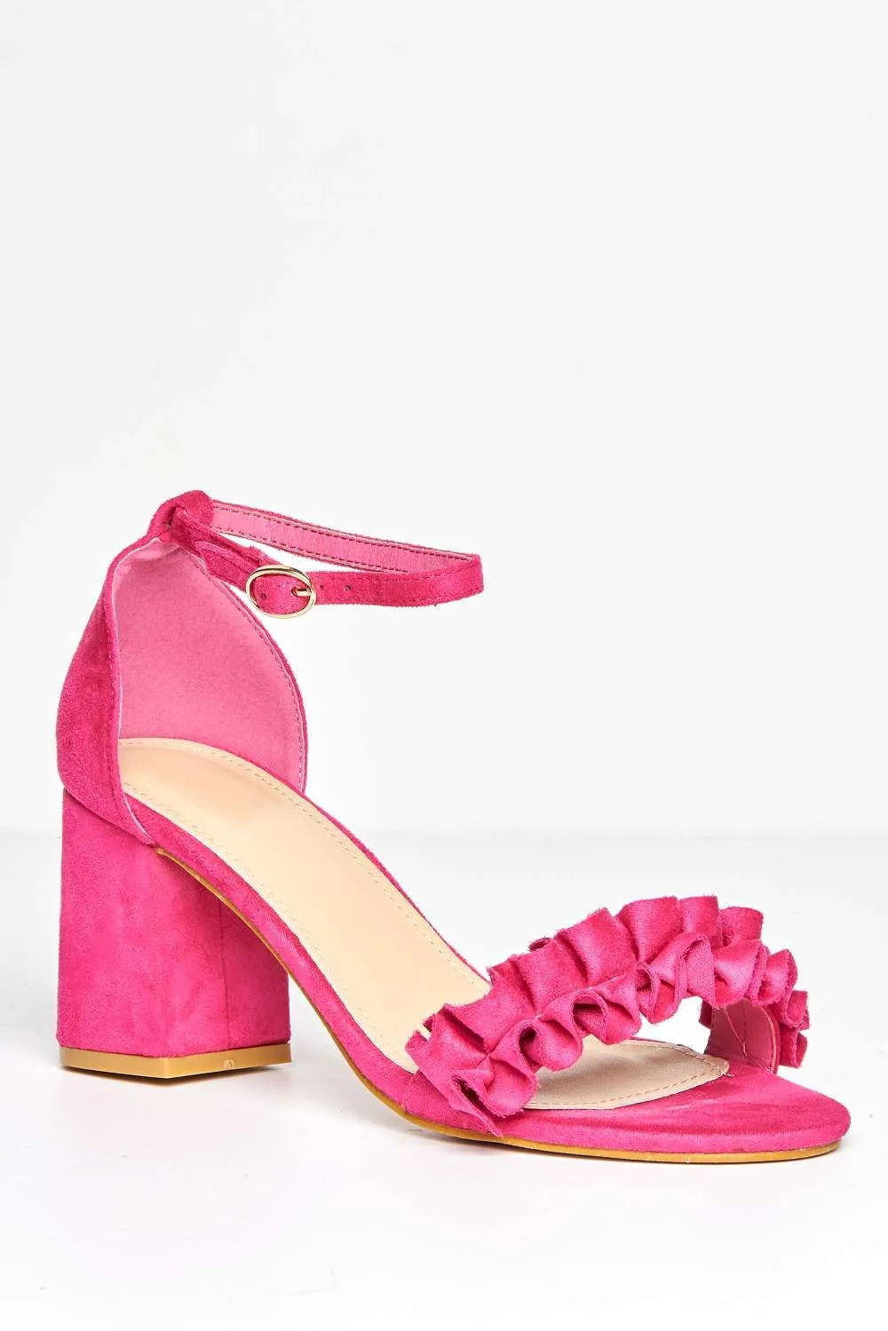 Rita Frill Detail Block Heel Ankle Strap Sandals in Fuchsia Suede