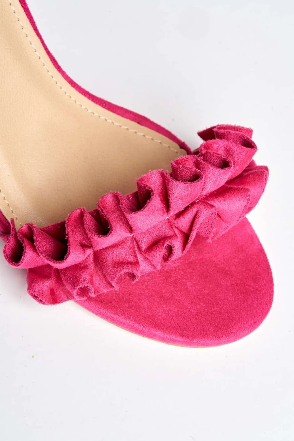 Rita Frill Detail Block Heel Ankle Strap Sandals in Fuchsia Suede