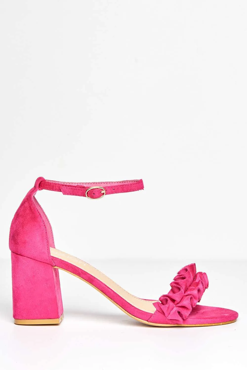 Rita Frill Detail Block Heel Ankle Strap Sandals in Fuchsia Suede