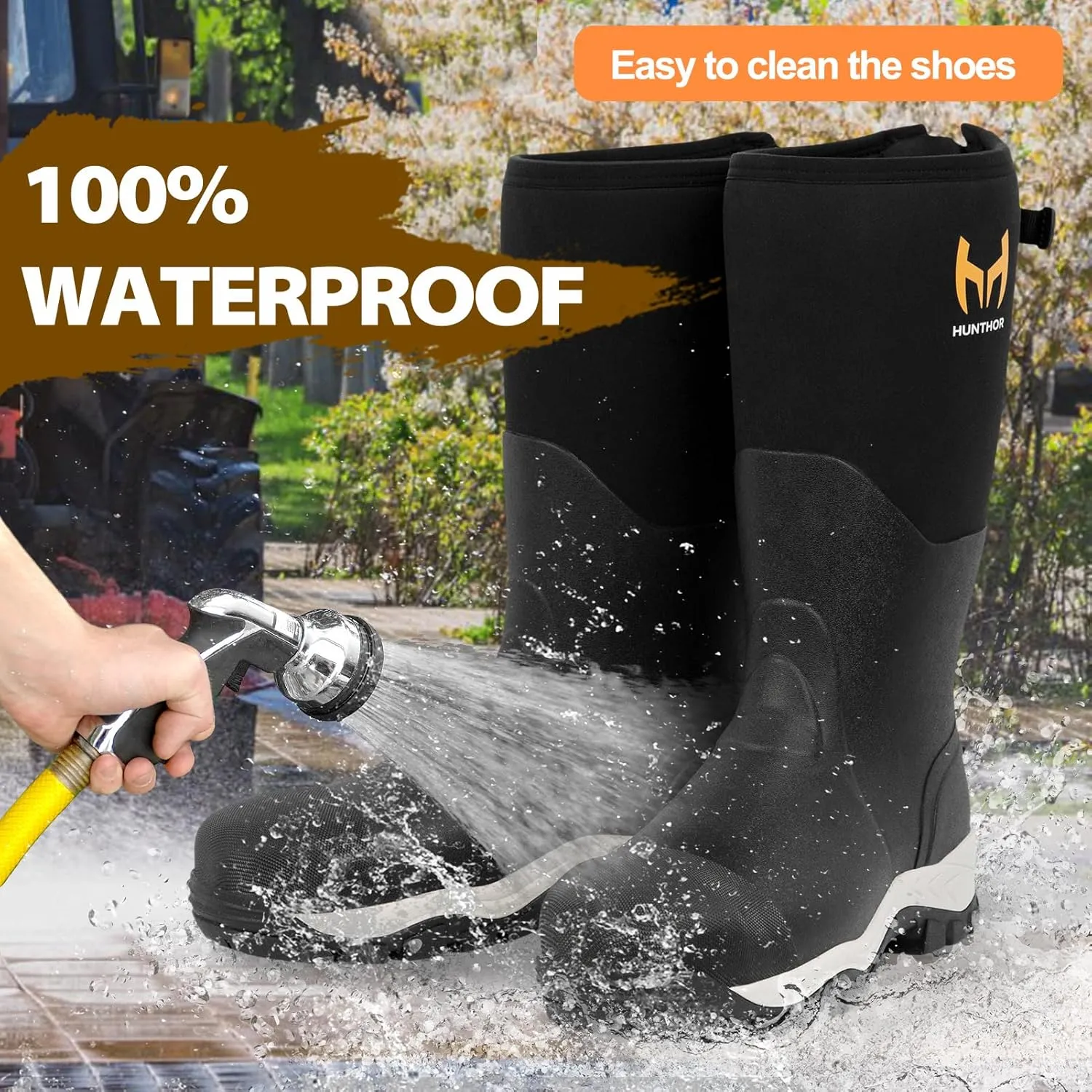 Rubber Work Boots for Men with Steel Toe, 1100N Puncture-Proof Hunting Boots with 7mm Neoprene Waterproof and EVA Midsole, Adjustable Back Gusset, Ideal for Hunting, Work, and Farming Size 7-14